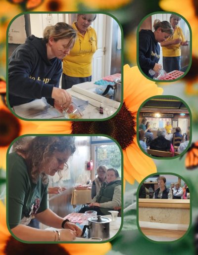 Guests enjoying a hands-on beeswax candle-making workshop at The Bee Barn, learning traditional techniques using natural Irish beeswax.